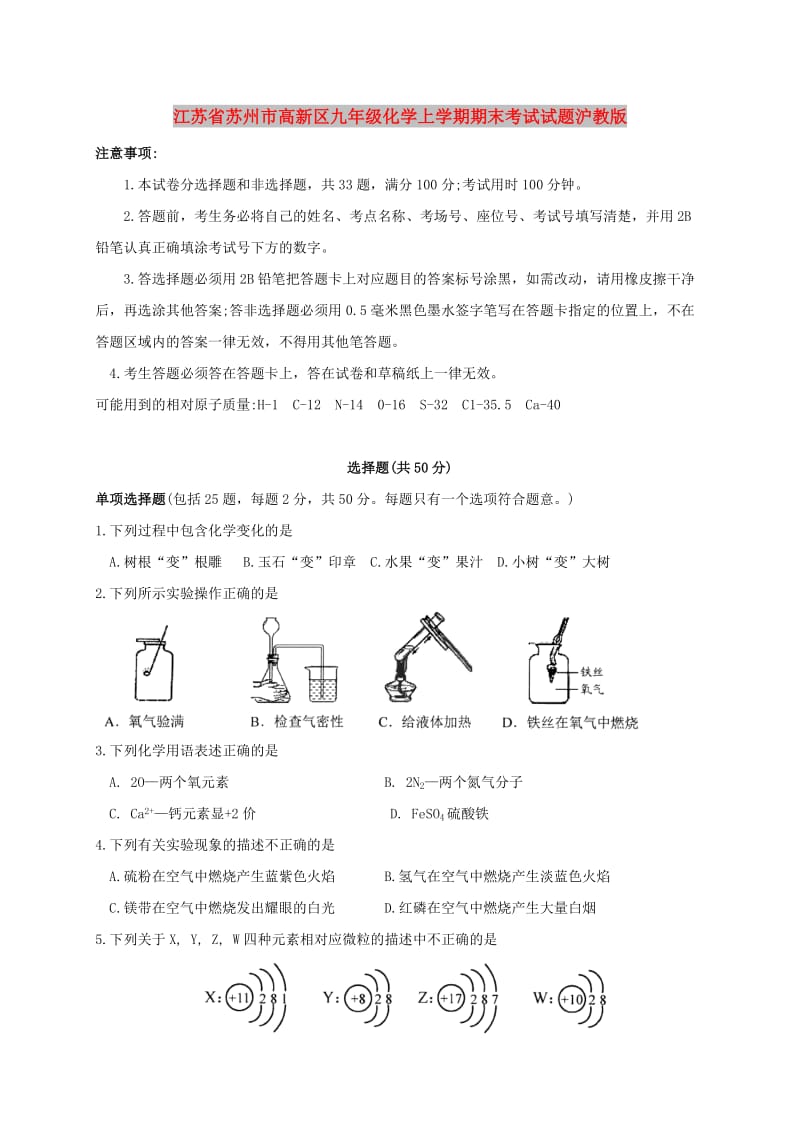 江苏省苏州市高新区九年级化学上学期期末考试试题沪教版.doc_第1页