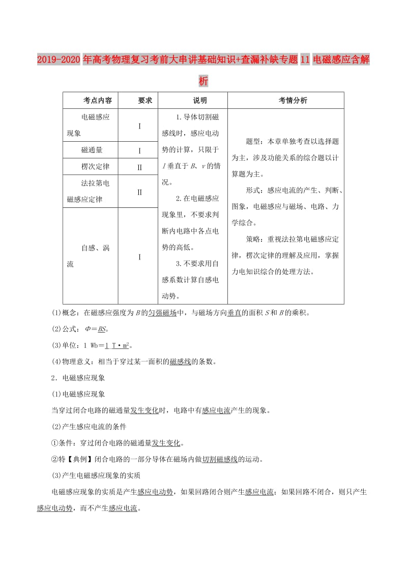 2019-2020年高考物理复习考前大串讲基础知识+查漏补缺专题11电磁感应含解析.doc_第1页