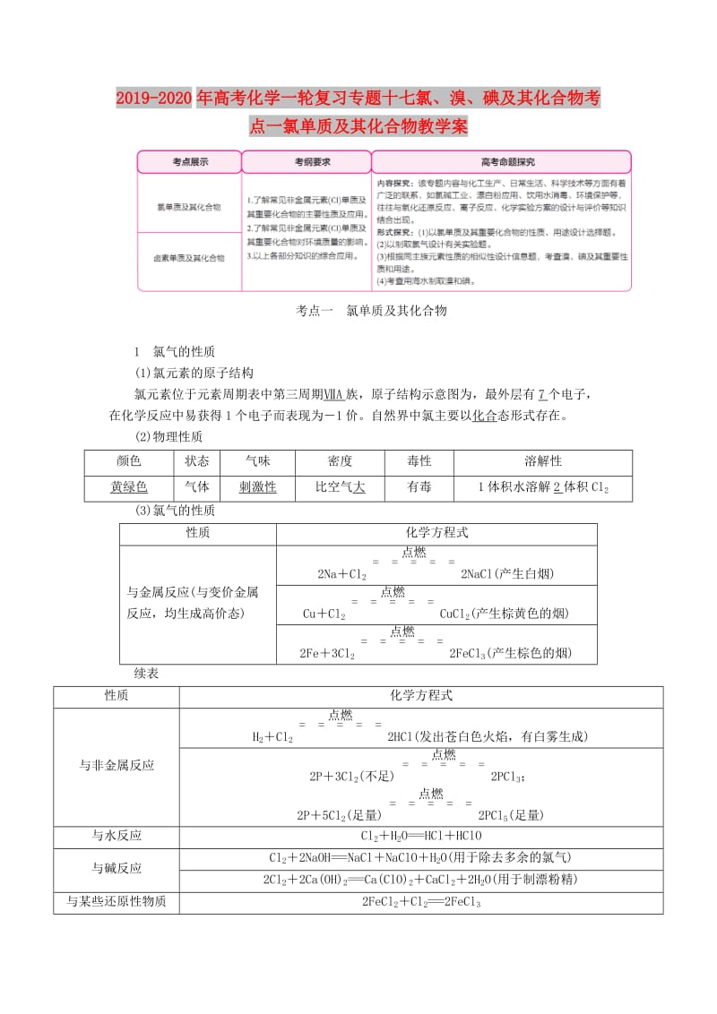 2019-2020年高考化学一轮复习专题十七氯、溴、碘及其化合物考点一氯单质及其化合物教学案.doc_第1页