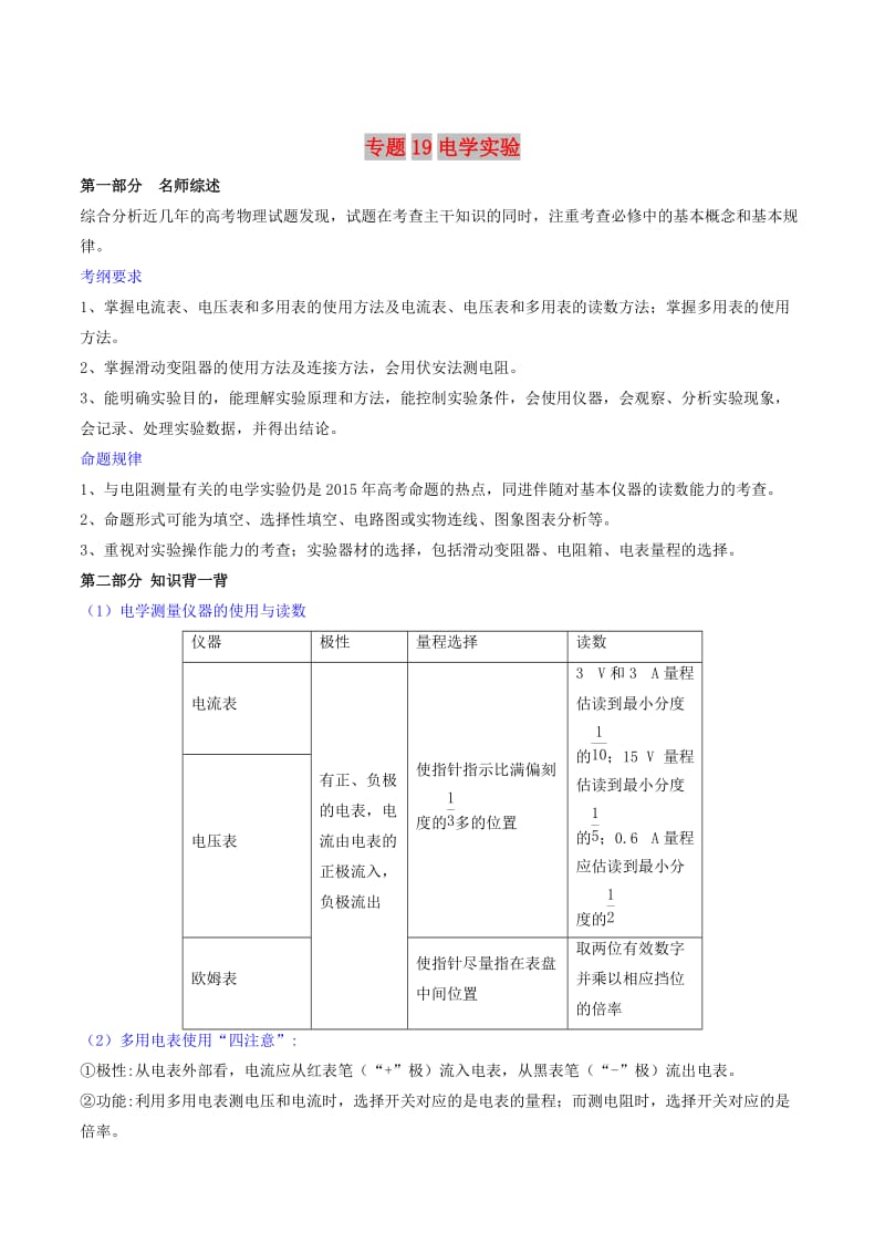 2019年高考物理备考 艺体生百日突围系列 专题19 电学实验（含解析）.docx_第1页