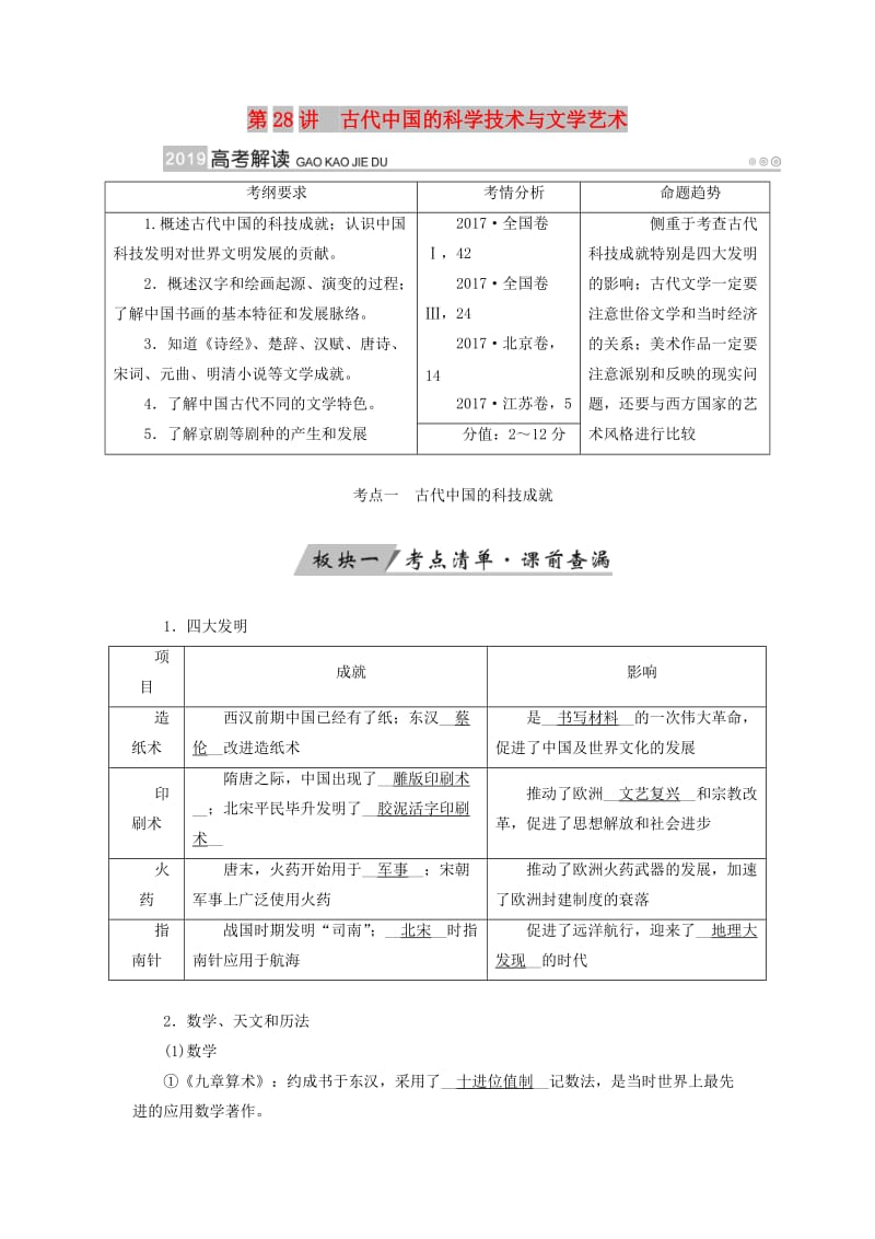 全国通用版2019版高考历史大一轮复习第十五单元古代与现代中国的科技文化第28讲古代中国的科学技术与文学艺术学案.doc_第1页