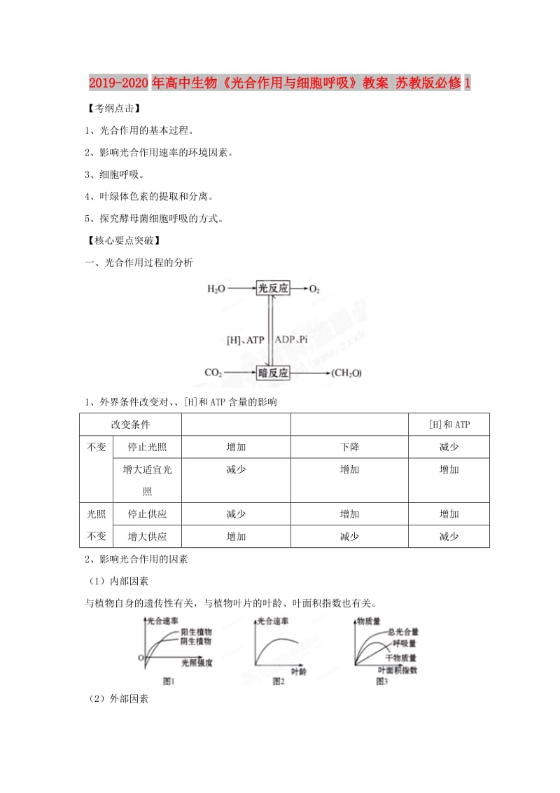 2019-2020年高中生物《光合作用与细胞呼吸》教案 苏教版必修1.doc_第1页