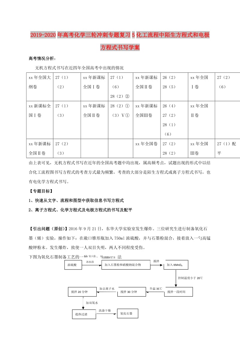 2019-2020年高考化学三轮冲刺专题复习5化工流程中陌生方程式和电极方程式书写学案.doc_第1页