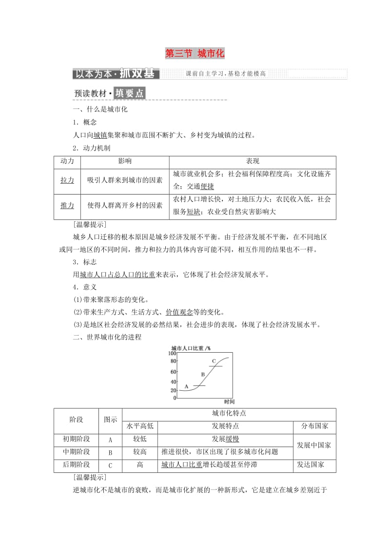 2018-2019学年高中地理 第二章 城市与城市化 第三节 城市化学案（含解析）新人教版必修2.doc_第1页