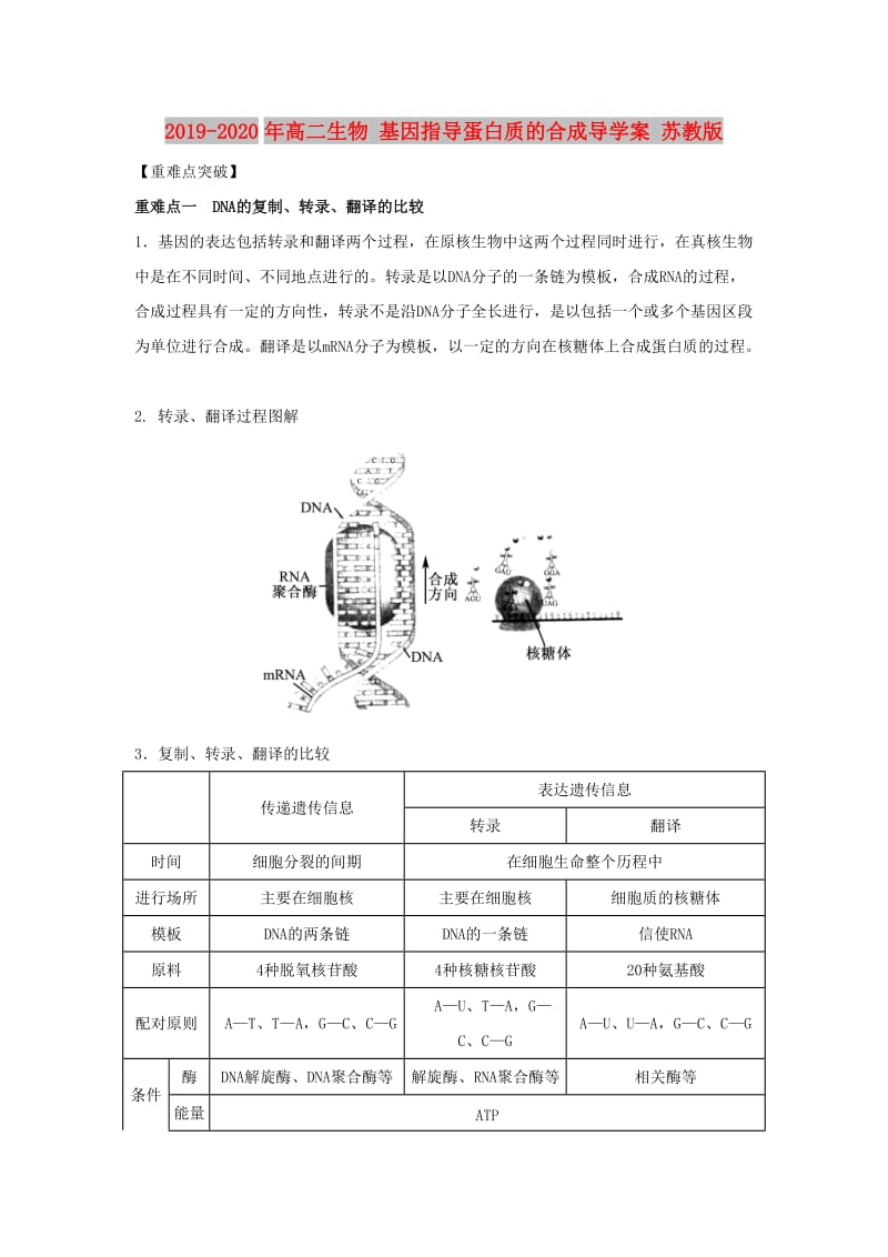 2019-2020年高二生物 基因指导蛋白质的合成导学案 苏教版 .doc_第1页