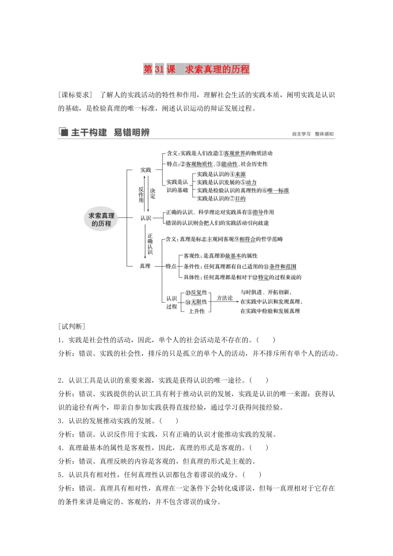 鲁京津琼专用2020版高考政治大一轮复习第十二单元探索世界与追求真理第31课求索真理的历程讲义.doc_第1页