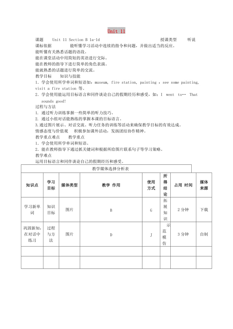 七年级英语下册 Unit 11 how was your weekend Section B（1a-1d）教学设计 人教新目标版.doc_第1页