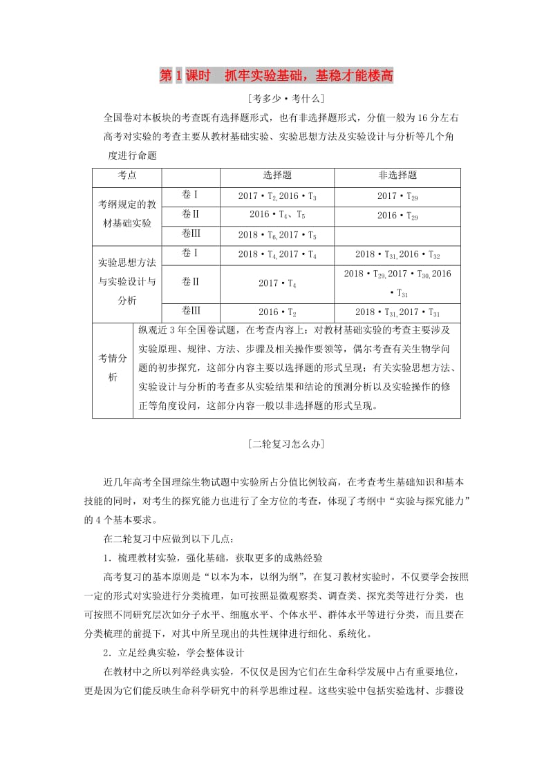 2019年高考生物二轮复习 第四板块 以学科素养为中心的实验探究 第1课时 抓牢实验基础基稳才能楼高学案.doc_第1页