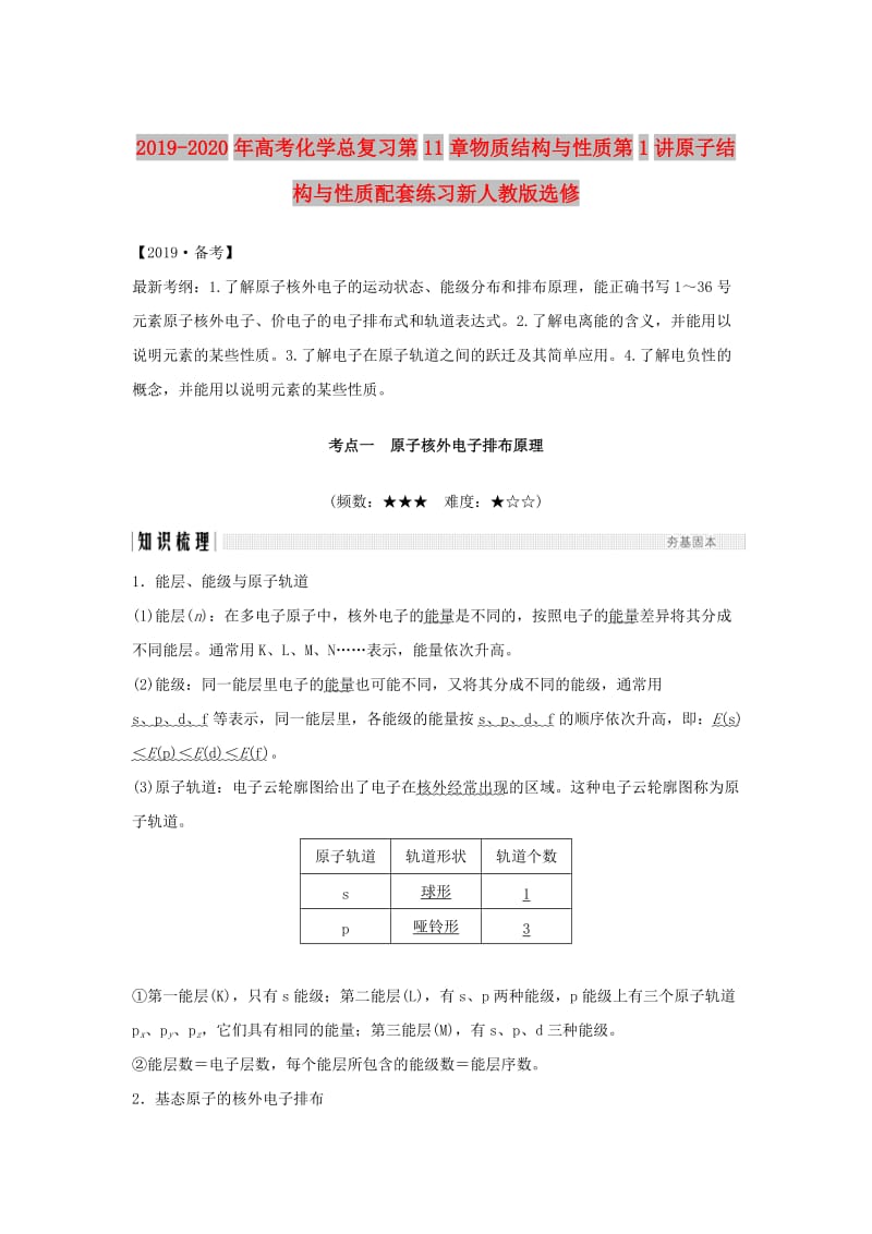 2019-2020年高考化学总复习第11章物质结构与性质第1讲原子结构与性质配套练习新人教版选修.doc_第1页