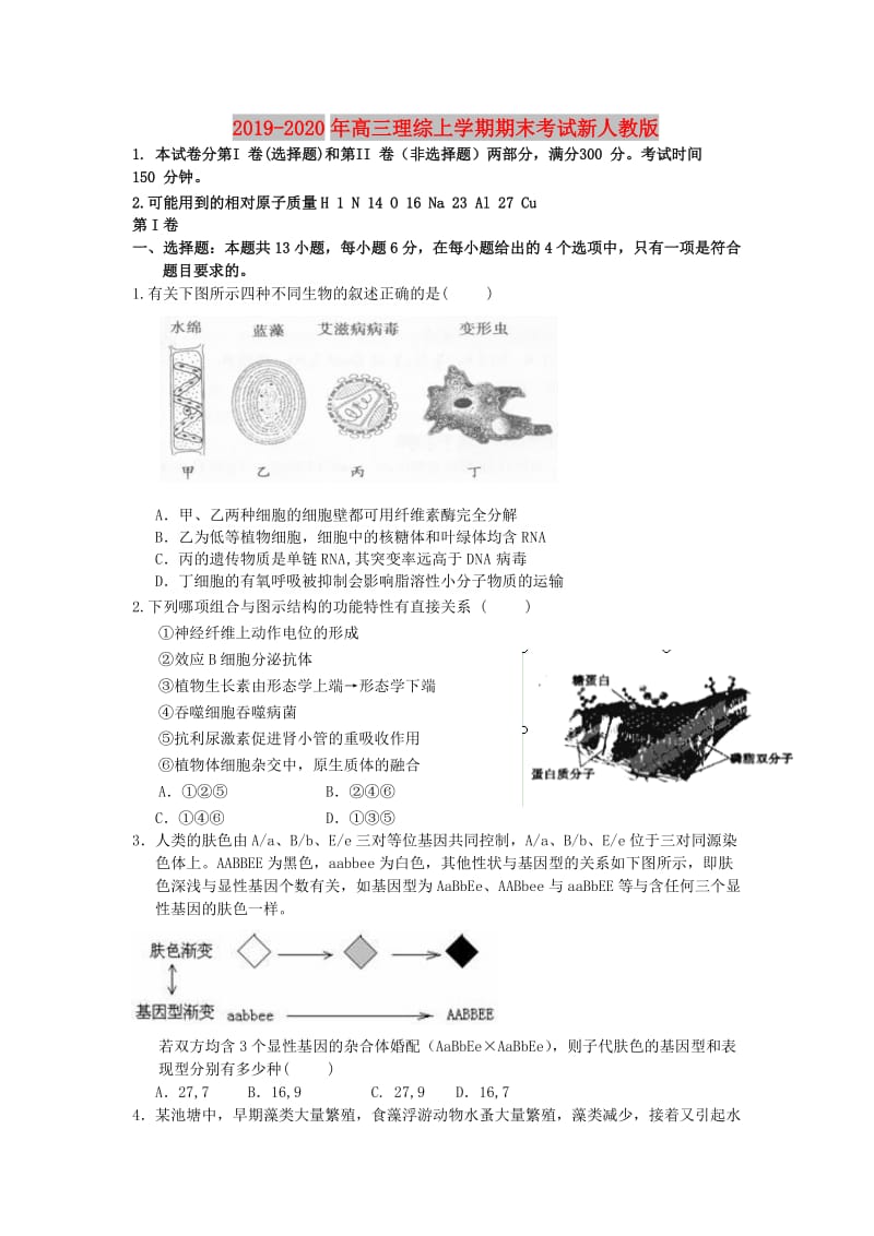 2019-2020年高三理综上学期期末考试新人教版.doc_第1页