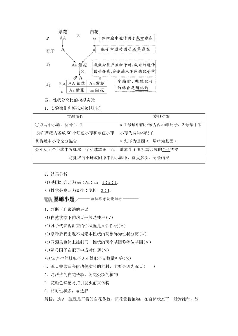 2018版高中生物 第三章 遗传和染色体 第一节 第1课时 基因分离定律的发现教学案 苏教版必修2.doc_第2页