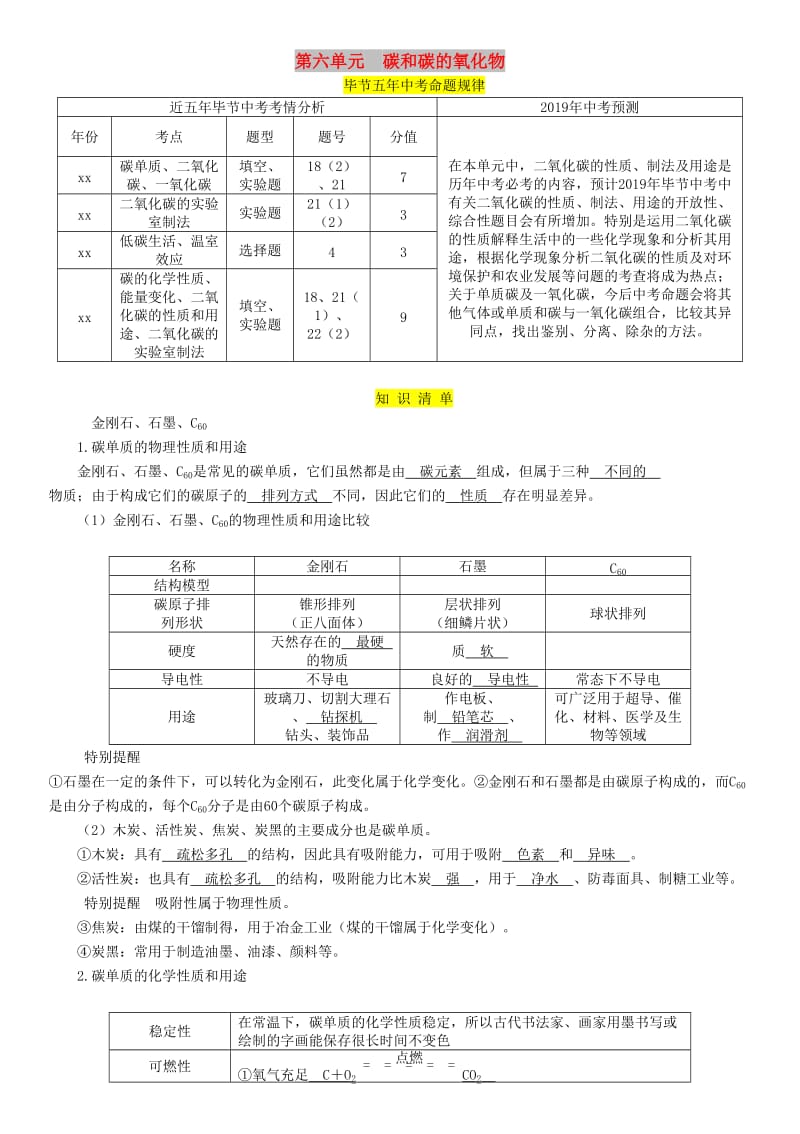 （毕节地区）2019年中考化学总复习 第1编 教材知识梳理篇 第6单元 碳和碳的氧化物（精讲）练习.doc_第1页