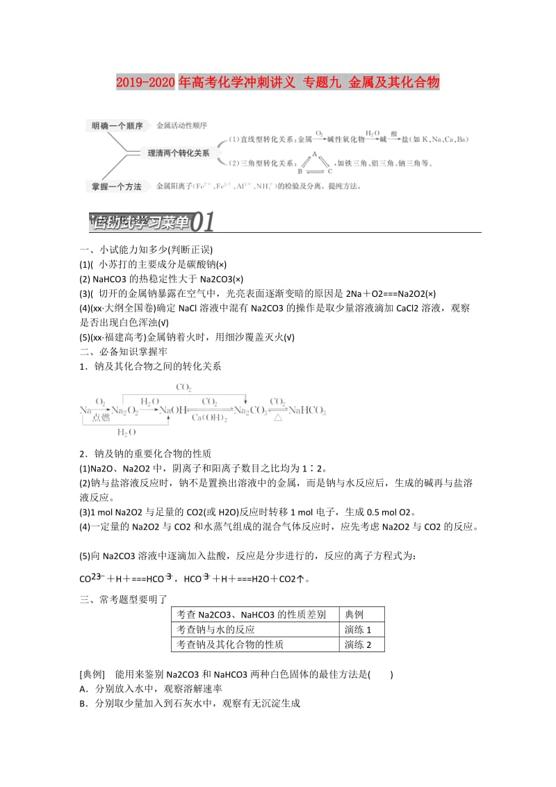 2019-2020年高考化学冲刺讲义 专题九 金属及其化合物.doc_第1页