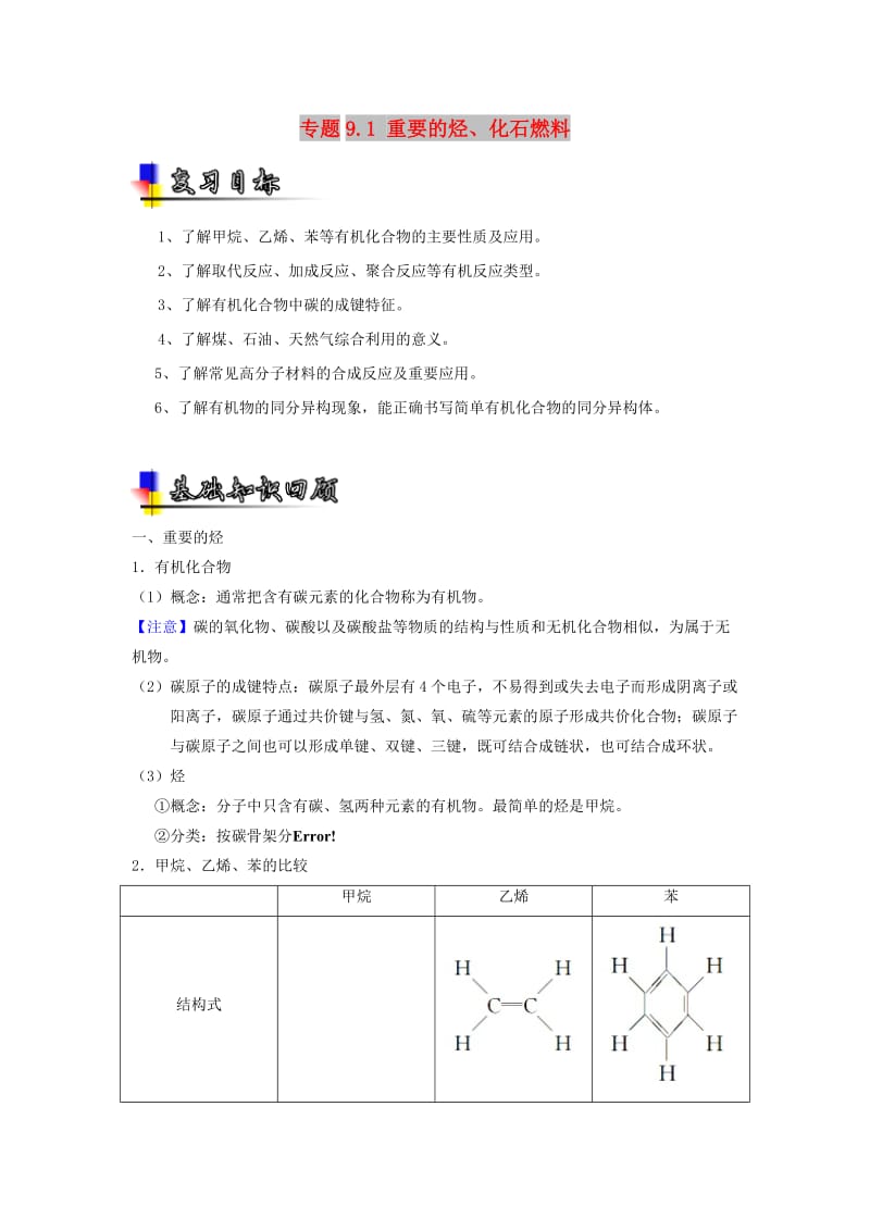 2019年高考化学一轮复习 专题9.1 重要的烃、化石燃料（讲）.doc_第1页