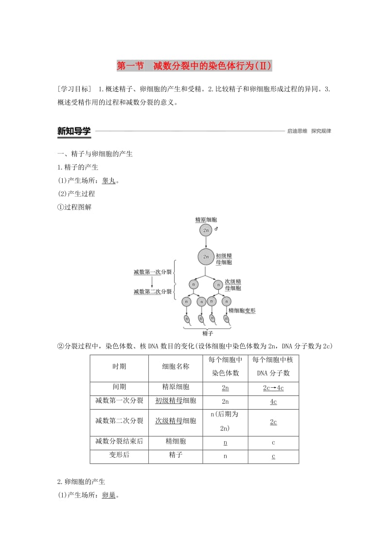 2018-2019学年高中生物 第二章 染色体与遗传 第一节 减数分裂中的染色体行为（Ⅱ）学案 浙科版必修2.doc_第1页