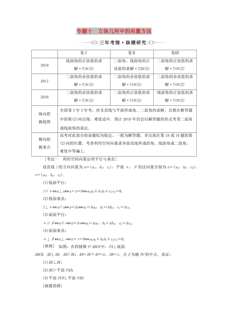 （通用版）2019版高考数学二轮复习 第一部分 专题十 立体几何中的向量方法讲义 理（重点生含解析）.doc_第1页