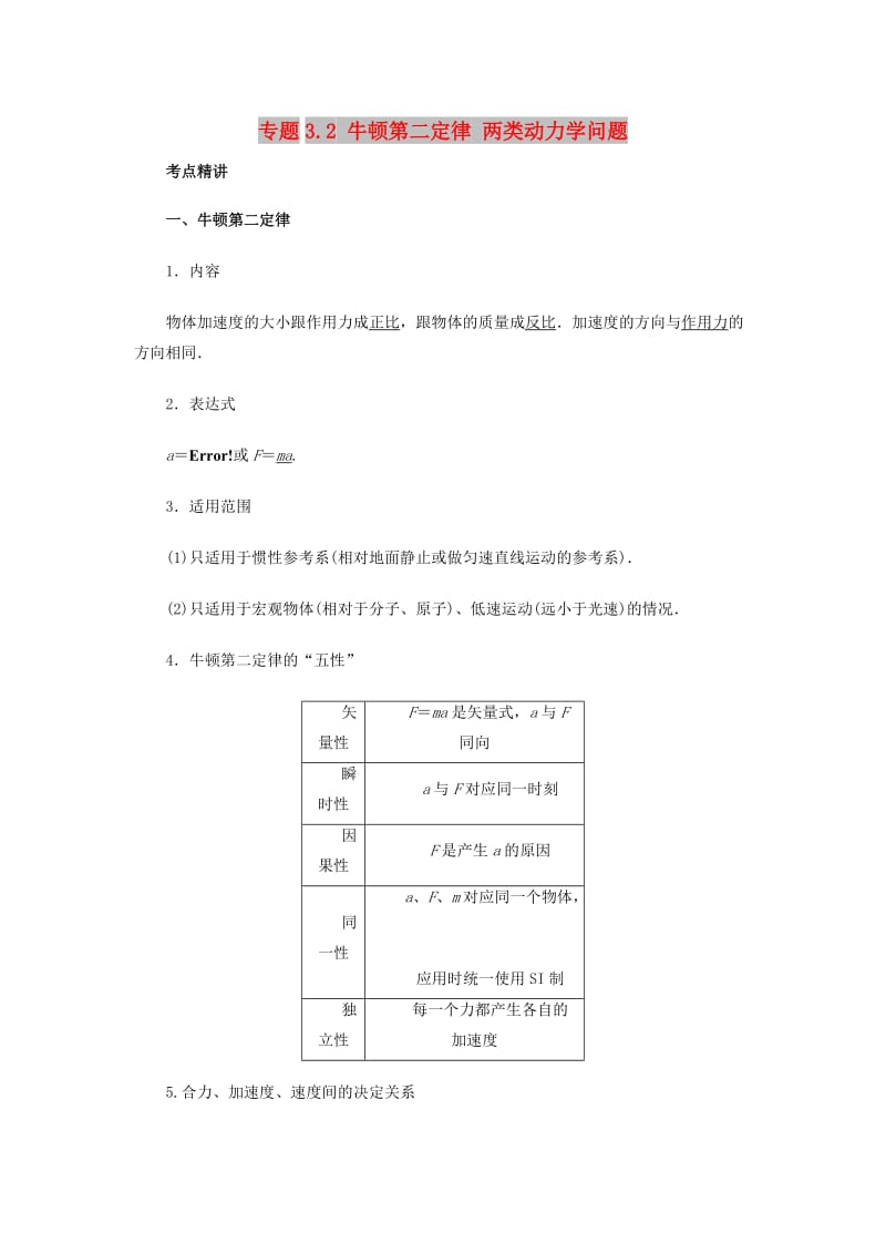 2019高考物理一轮复习 考点大通关 专题3.2 牛顿第二定律 两类动力学问题学案.doc_第1页