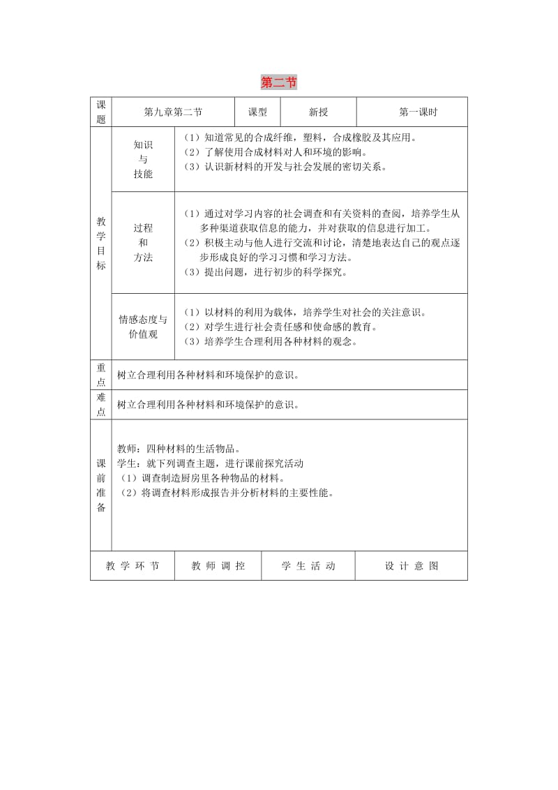 九年级化学全册 第九单元 化学与社会 9.2 化学与材料研制教案 鲁教版.doc_第1页