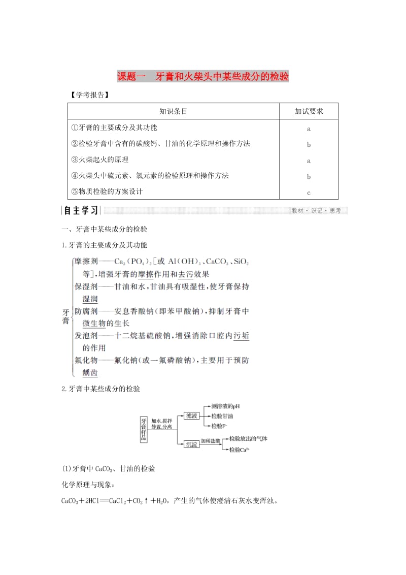 浙江专用2018-2019版高中化学专题3物质的检验与鉴别课题一牙膏和火柴头中某些成分的检验学案苏教版选修6 .doc_第1页