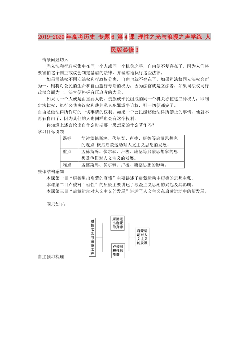 2019-2020年高考历史 专题6 第4课 理性之光与浪漫之声学练 人民版必修3.doc_第1页