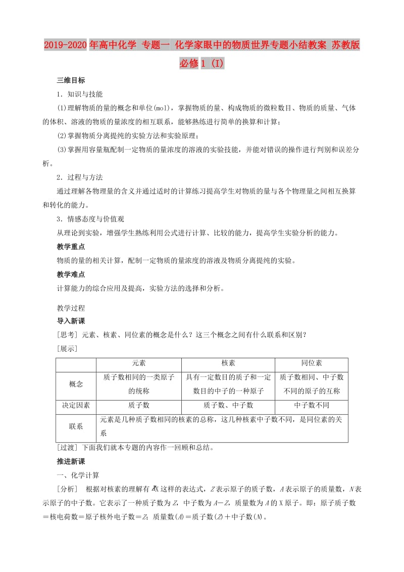 2019-2020年高中化学 专题一 化学家眼中的物质世界专题小结教案 苏教版必修1 (I).doc_第1页