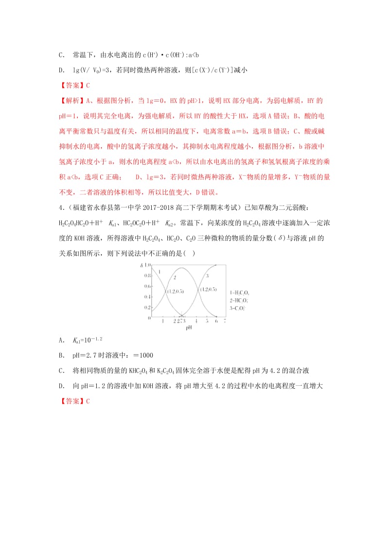 2019高考化学 考点必练 专题17 酸碱中和滴定曲线拔高专练.doc_第3页