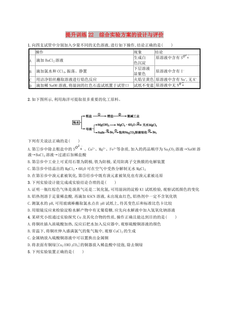 （浙江选考）2019版高考化学 考前提升训练22 综合实验方案的设计与评价.doc_第1页