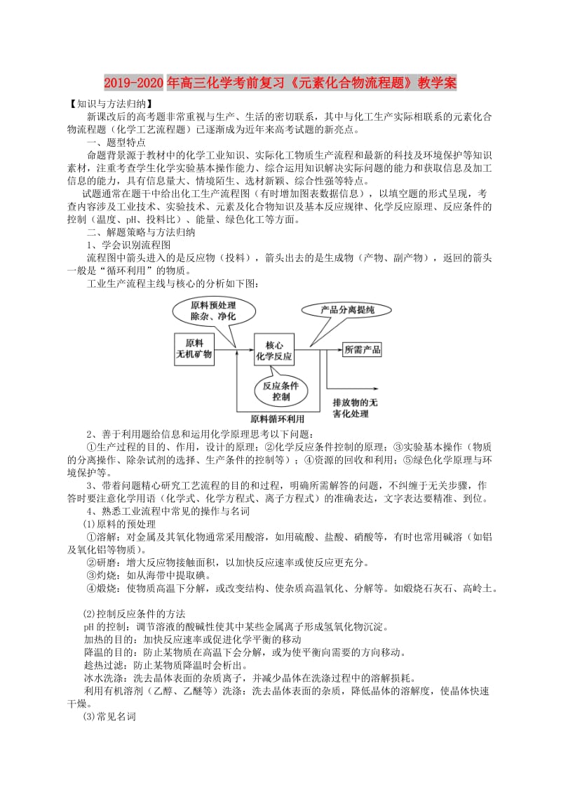 2019-2020年高三化学考前复习《元素化合物流程题》教学案.doc_第1页