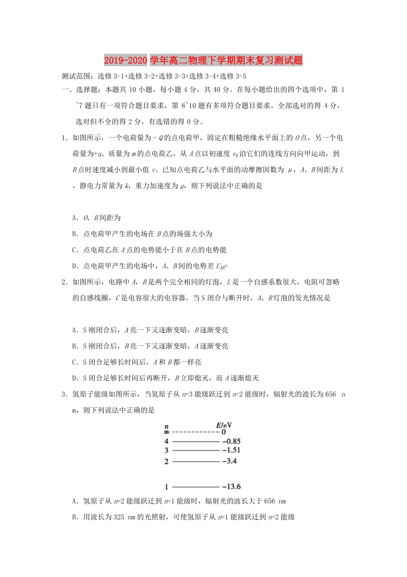 2019-2020学年高二物理下学期期末复习测试题.doc_第1页