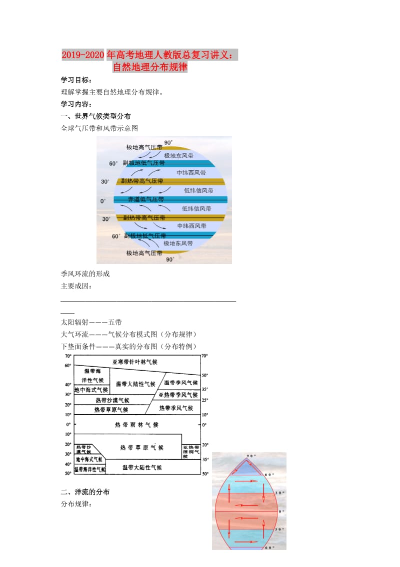 2019-2020年高考地理人教版总复习讲义：自然地理分布规律.doc_第1页