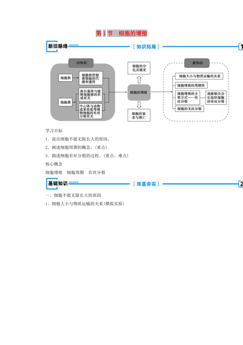2018年秋高中生物 第六章 细胞的生命历程 第1节 细胞的增殖学案 新人教版必修1.doc_第1页