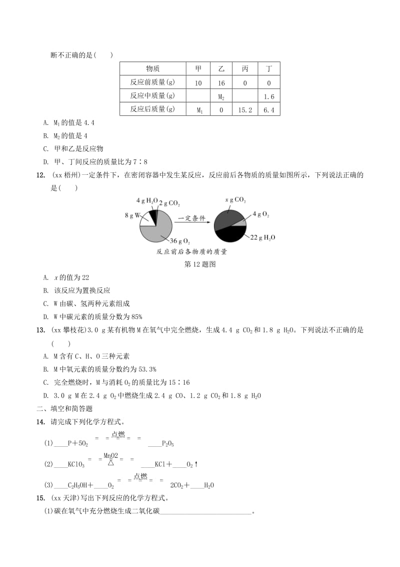 安徽省2019年中考化学总复习 第一部分 夯实基础过教材 第五单元 化学方程式练习.doc_第3页