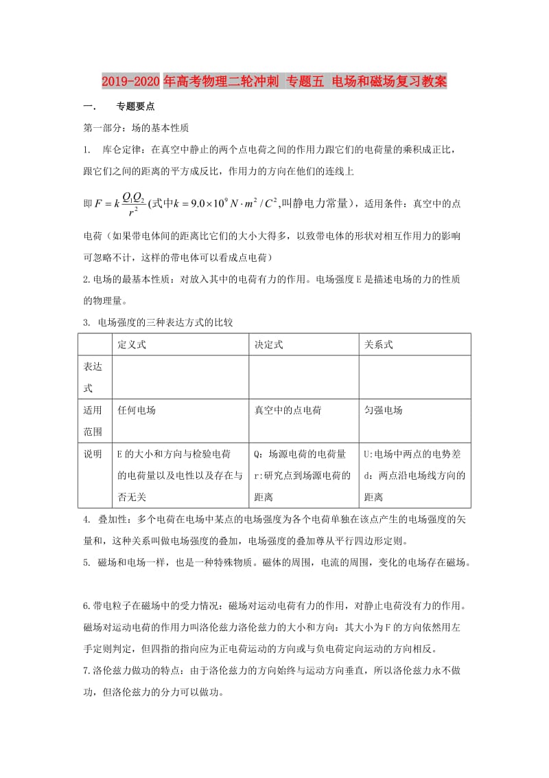 2019-2020年高考物理二轮冲刺 专题五 电场和磁场复习教案.doc_第1页