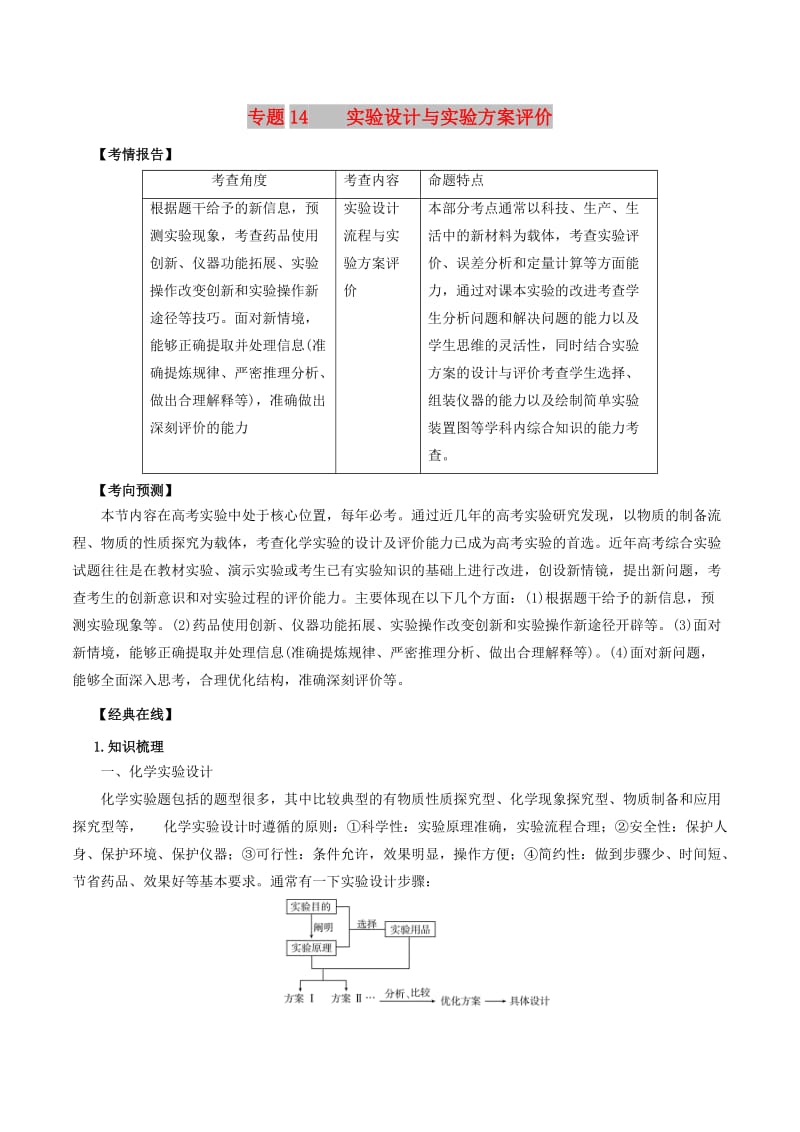 2019年高考化学二轮复习 专题14 实验设计与实验方案评价考点讲解学案.doc_第1页