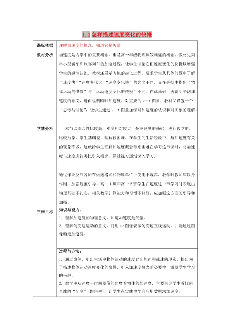 陕西省石泉县高中物理 第1章 怎样描述物体的运动 1.4 怎样描述速度变化的快慢教案 沪科版必修1.doc_第1页