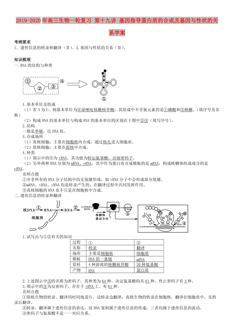 2019-2020年高三生物一轮复习 第十九讲 基因指导蛋白质的合成及基因与性状的关系学案.doc_第1页