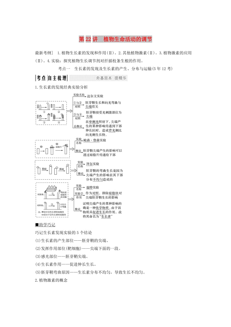 2019版高考生物大一轮复习 第九单元 生物个体的稳态与调节 第22讲 植物生命活动的调节学案 中图版必修3.doc_第1页