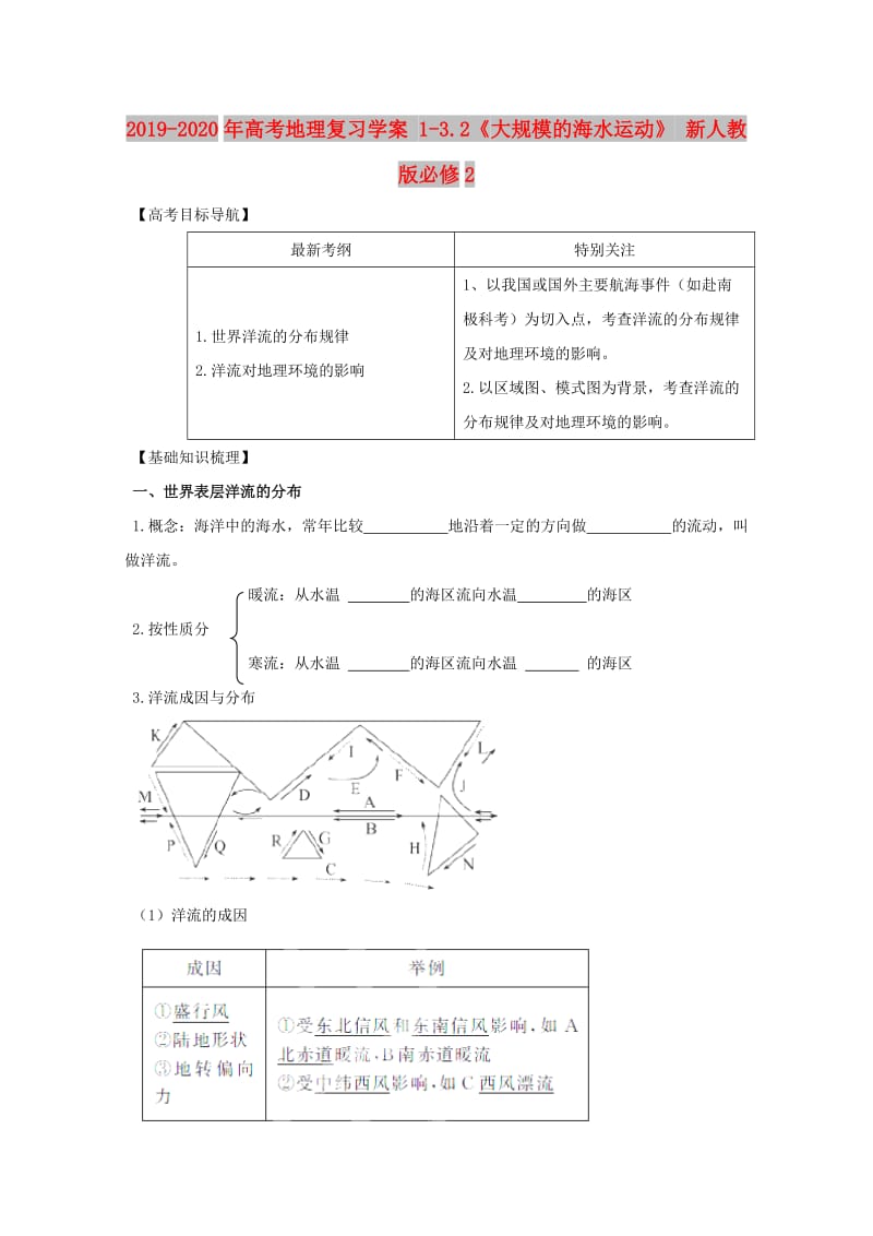 2019-2020年高考地理复习学案 1-3.2《大规模的海水运动》 新人教版必修2.doc_第1页