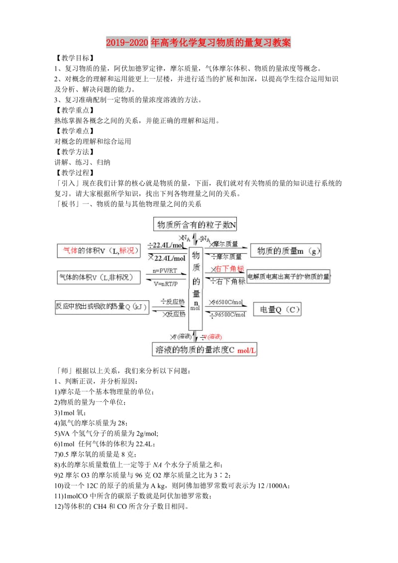 2019-2020年高考化学复习物质的量复习教案.doc_第1页