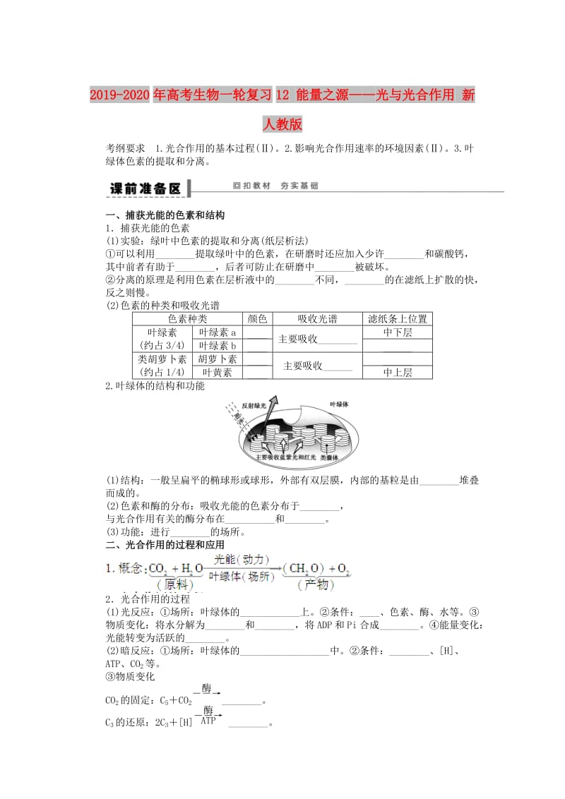 2019-2020年高考生物一轮复习12 能量之源——光与光合作用 新人教版.doc_第1页