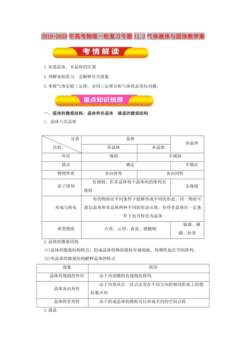 2019-2020年高考物理一轮复习专题11.2气体液体与固体教学案.doc_第1页