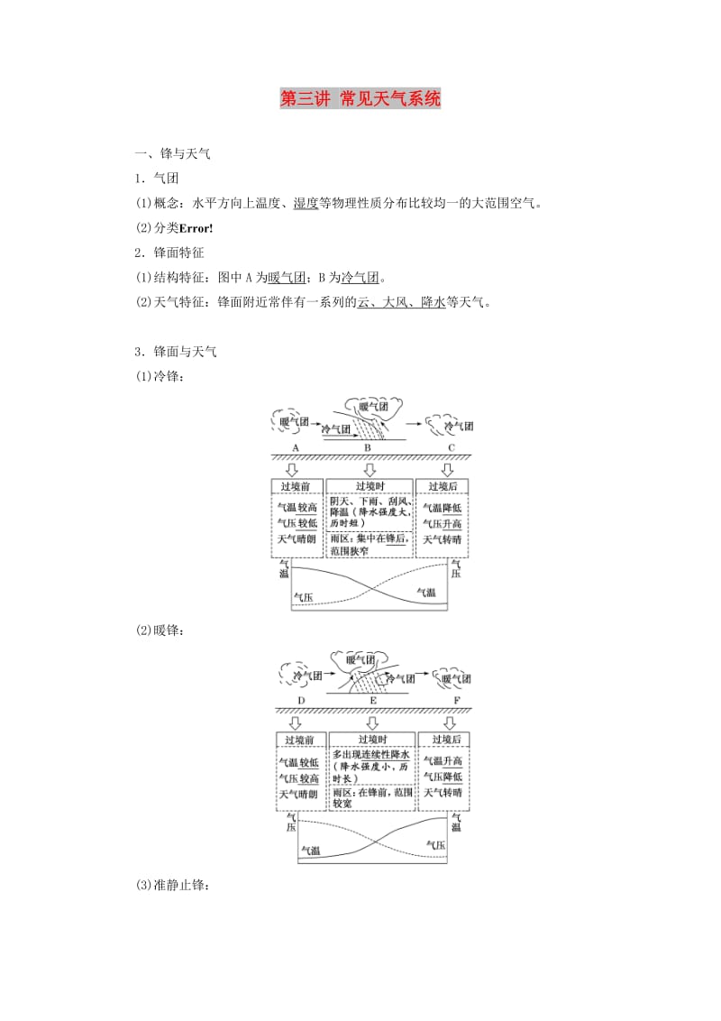 2020版高考地理一轮复习 第一模块 自然地理 第二章 地球上的大气 第三讲 常见天气系统学案（含解析）新人教版.doc_第1页