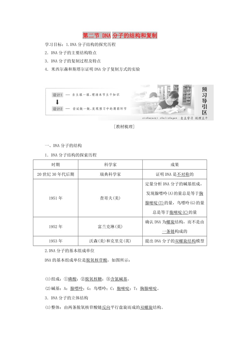 2018年高中生物 第四章 遗传的分子基础 第二节 DNA分子的结构和复制教学案 苏教版必修2.doc_第1页