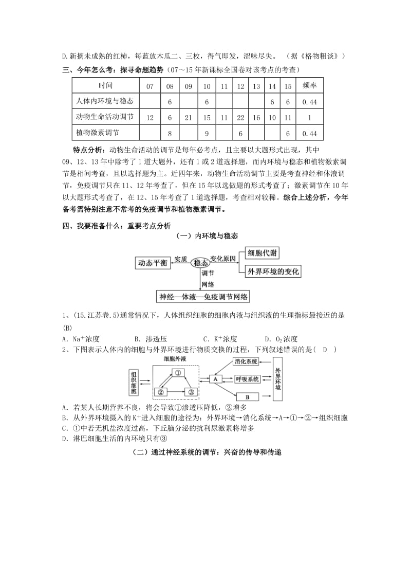 2019-2020年高三生物二轮复习 专题五 生命活动的调节教案.doc_第2页