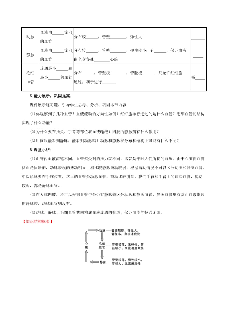 2019版七年级生物下册 第四单元 生物圈中的人 第四章 人体内物质的运输 2 血流的管道─血管教案 新人教版.doc_第3页