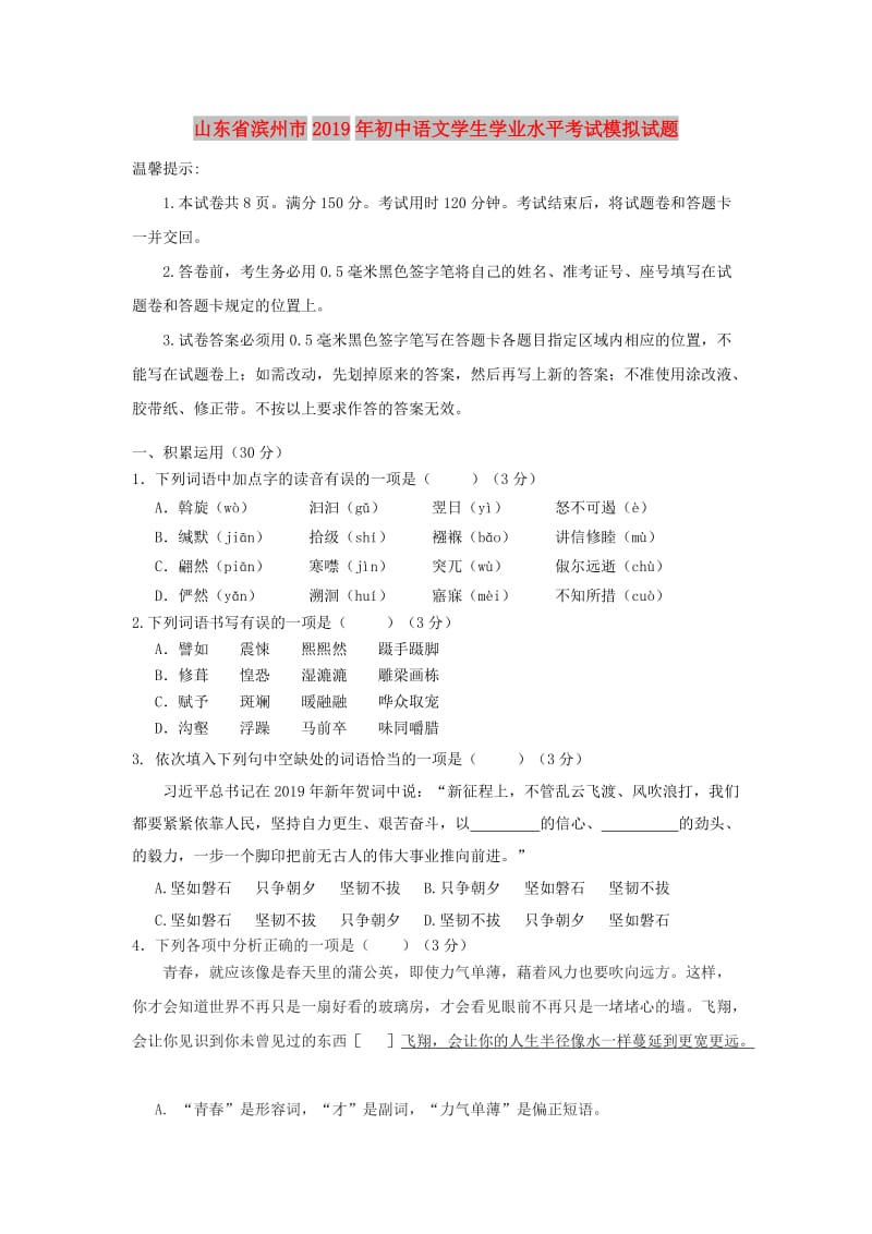 山东省滨州市2019年初中语文学生学业水平考试模拟试题.doc_第1页