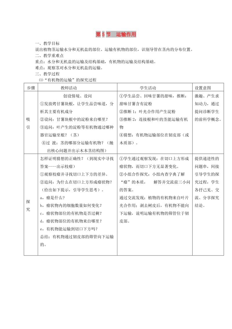 七年级生物上册 第3单元 第5章 第5节 运输作用教案 （新版）北师大版.doc_第1页