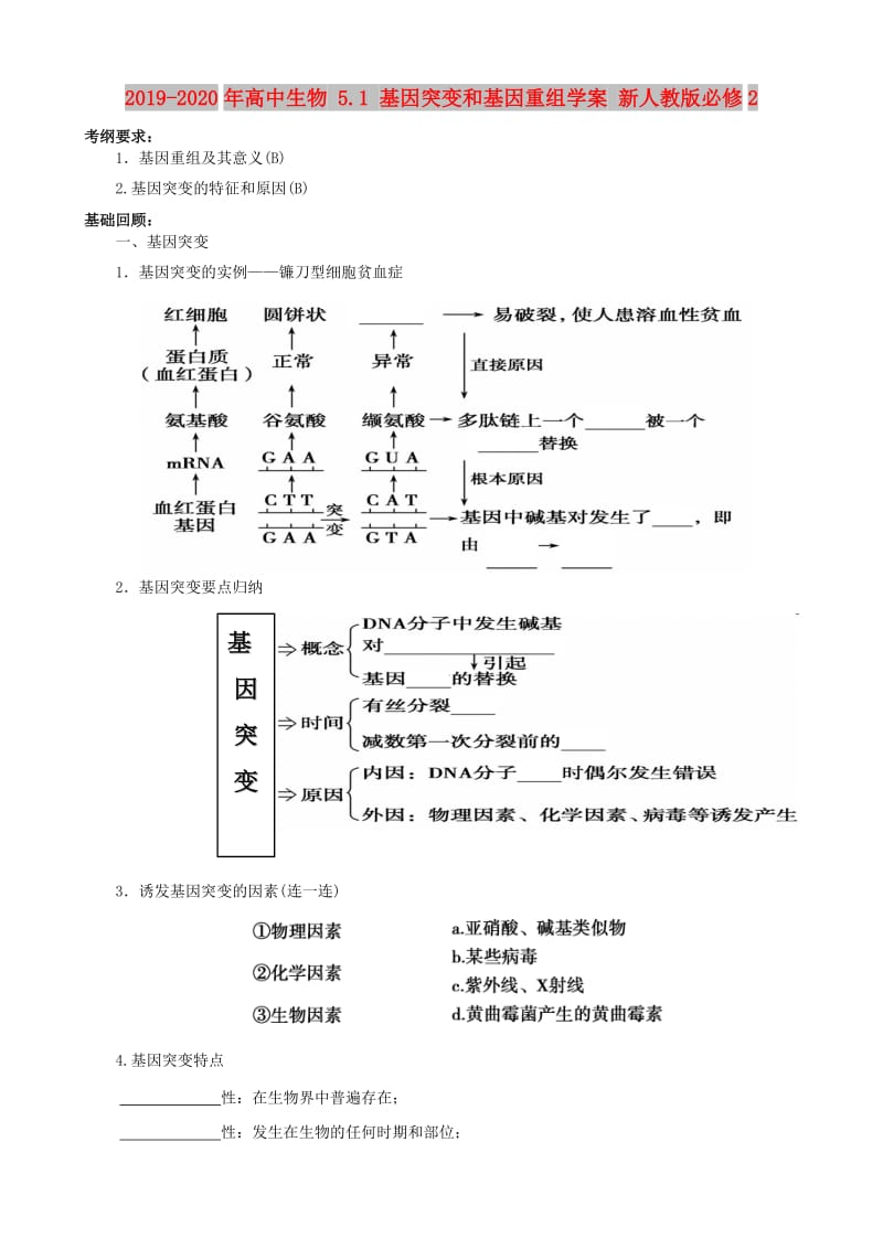 2019-2020年高中生物 5.1 基因突变和基因重组学案 新人教版必修2.doc_第1页