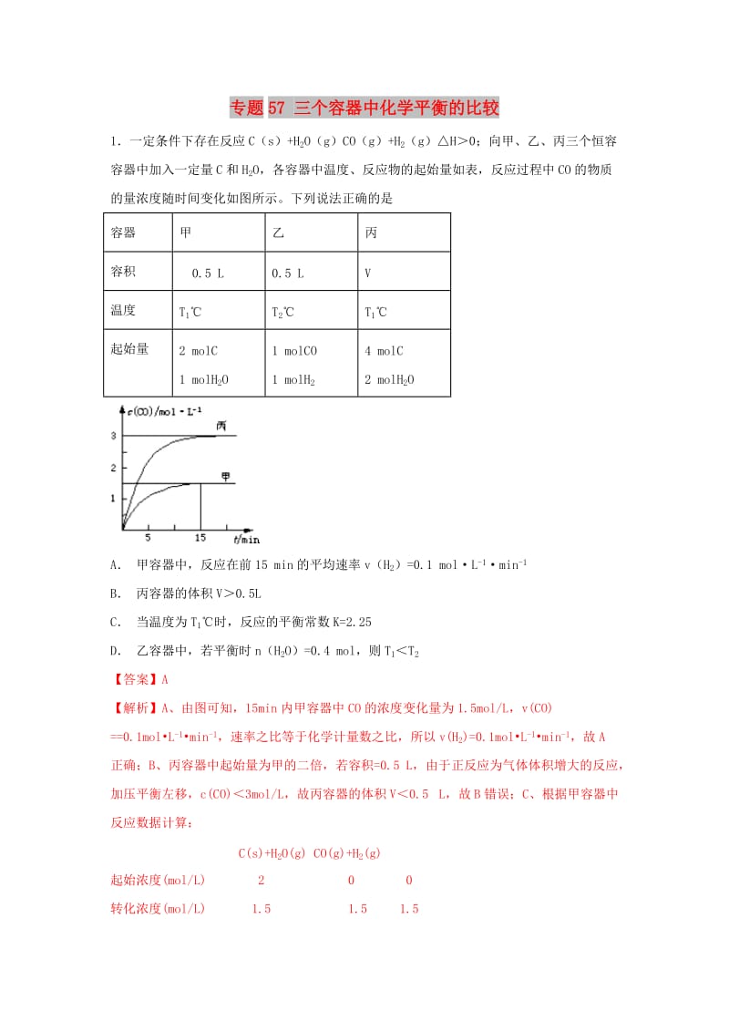 2019高考化学 难点剖析 专题57 三个容器中化学平衡的比较练习.doc_第1页