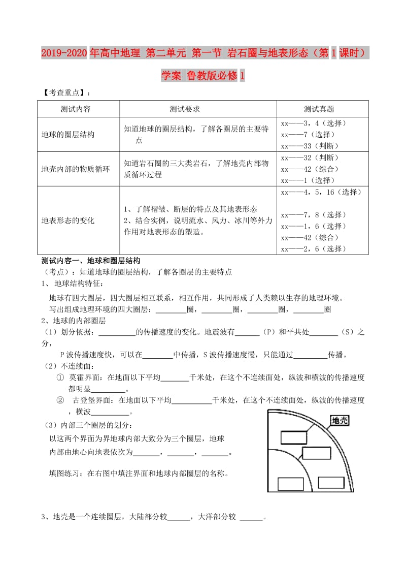 2019-2020年高中地理 第二单元 第一节 岩石圈与地表形态（第1课时）学案 鲁教版必修1.doc_第1页